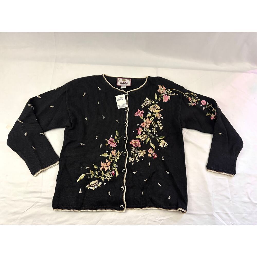 Tiara International Black Red Beaded Embroidery Knit Sweater‎ Cardigan NWT 1990s - Picture 9 of 14